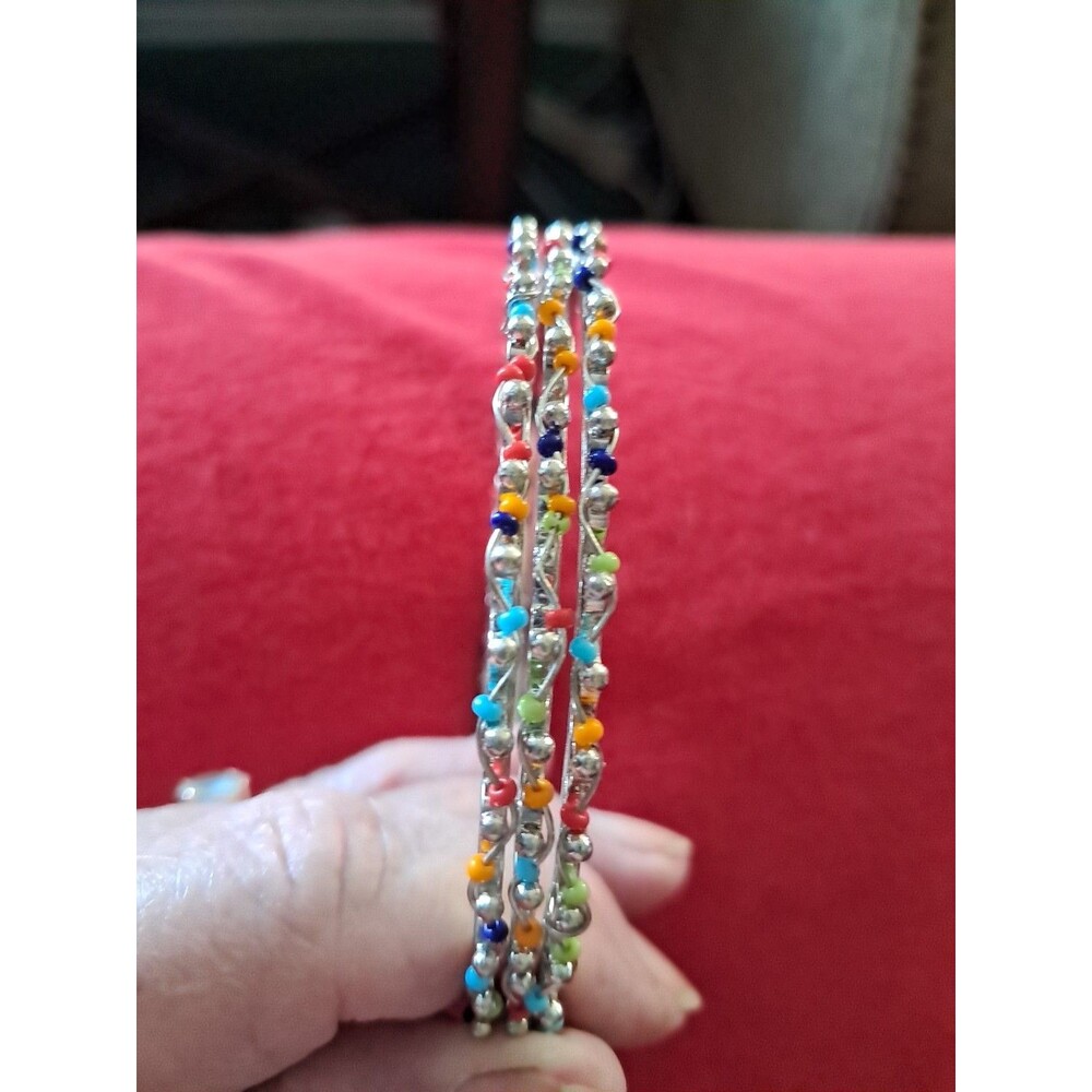 Set Of 3 Vintage Bangle Bracelets With Multicolor Beads Very Delicate Design